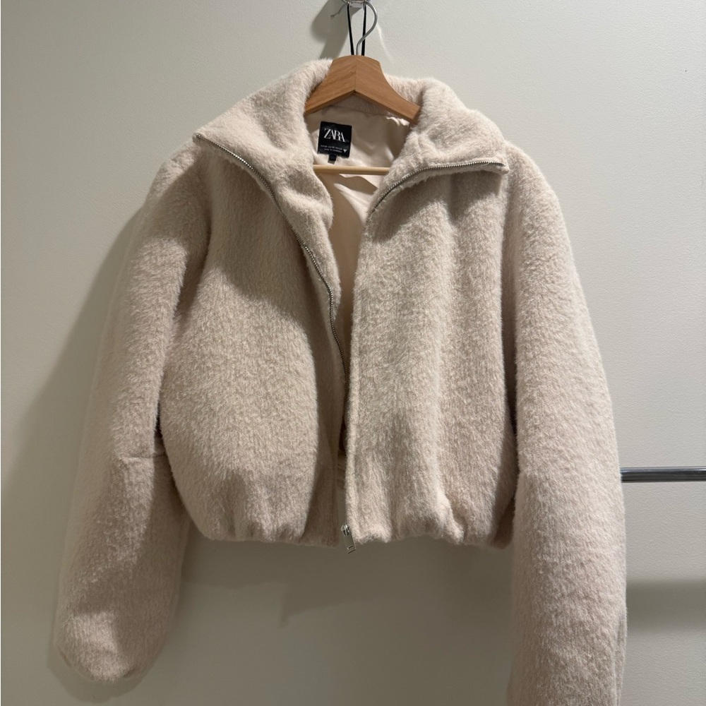 Zara Cream Teddy Jacket with Cropped Bomber Style